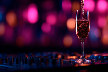 Champagne flowing into glass with vibrant neon lights in background creates festive atmosphere
