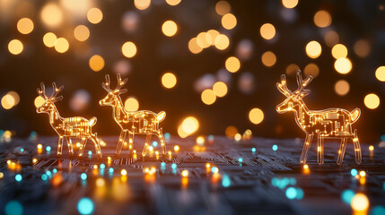 Circuit themed decorations reindeer figures shine brightly against blurred background
