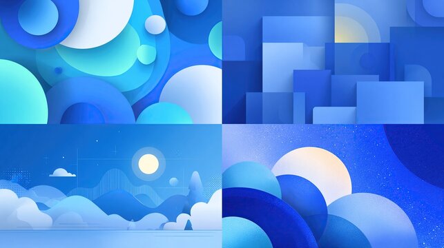 A quadriptych showcasing stylized blue imagery circular and square abstracts, landscape with clouds, and a starry night