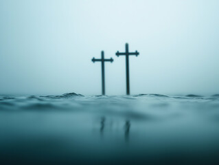 Misty ocean scene with two crosses emerging from water, evoking sense of tranquility
