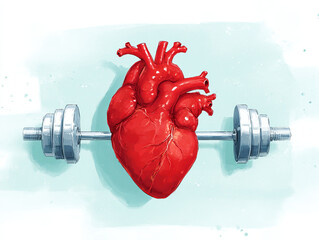 Heart symbolizing fitness and health, balanced on dumbbell, represents strength and vitality