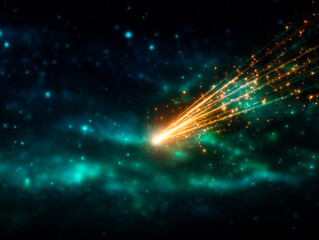 Comet streaks through starry sky, leaving trail of glowing particles and light