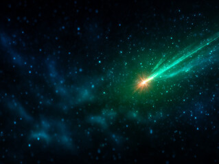 Comet with bright green tail travels through starry night sky, creating mesmerizing scene