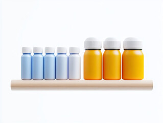 Stylish display of colorful bottles on wooden shelf, showcasing product variety and design