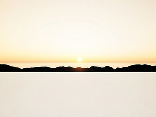 Serene landscape features glowing sun rising over distant hills, creating warm atmosphere