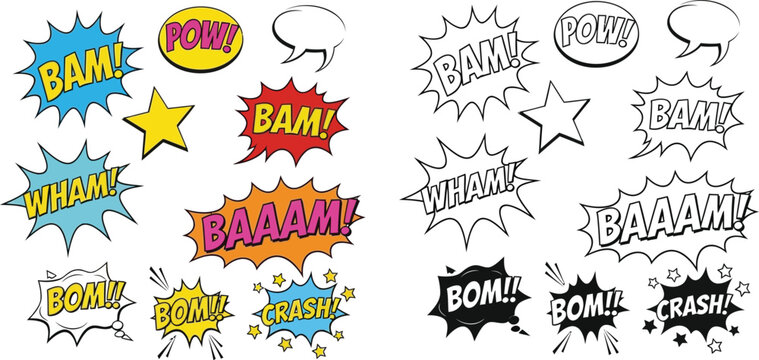 Vector comic speech bubbles set, cartoon sound effects, pop art elements, bam pow crash, black and white vector