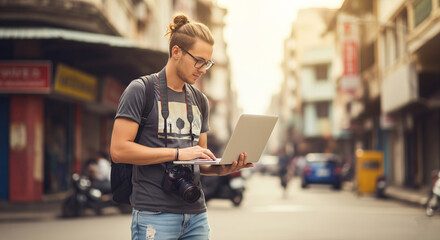 Young man with glasses uses laptop on busy street, showcasing blend of technology and urban life