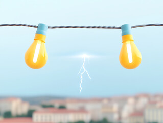 Bright yellow light bulbs hang wire, illuminated against soft background with lightning striking