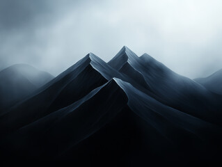 Mysterious mountain peaks rise dramatically against foggy backdrop, evoking sense of solitude