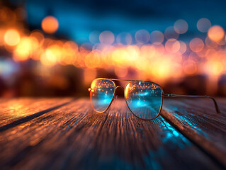 Glasses reflecting vibrant nightlife with colorful bokeh lights create captivating scene