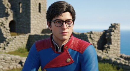 A young man with glasses and a blue and red jacket stands in front of a castle