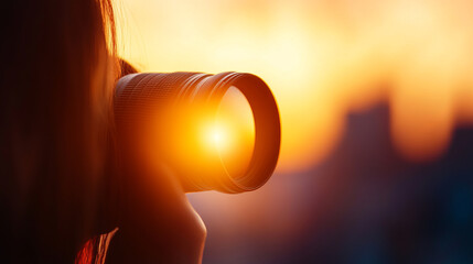 Capturing sunset moments with camera lens, creating warm glow