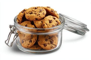 Dessert jar with chocolate chip cookies inside, isolated on white background, cookie details showing golden tone and chocolate specks