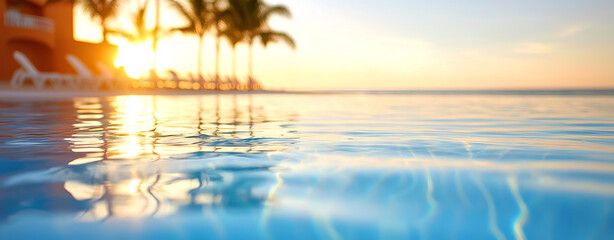Serene sunset over tranquil pool with gentle ripples reflecting warm colors