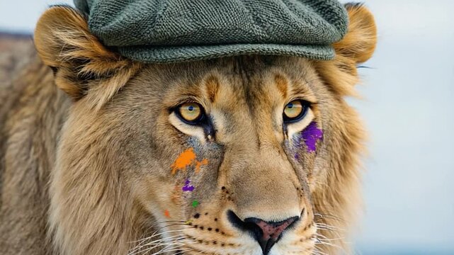 Lion in a Newsboy Cap with Paint