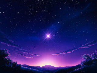 Stunning twilight sky filled with stars, showcasing radiant celestial body above mountains