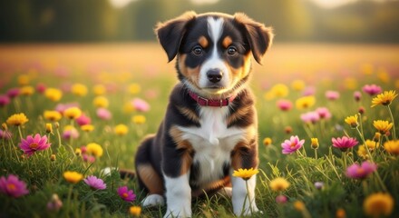 Adorable Puppy Sits Amongst Colorful Wildflowers on a Sunny Meadow