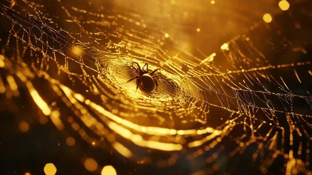 Spiderweb illuminated by golden light