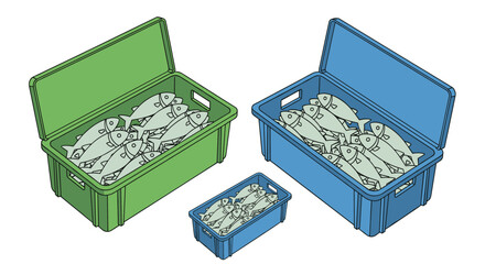 Freshly caught fish in green and blue crates ready for market distribution and sale