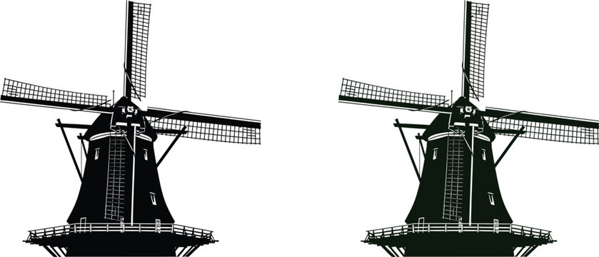 Black and white windmill drawing vector illustration for holland netherlands tourism and travel design vector