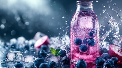 Refreshing blueberry drink in glass bottle with ice and water splash.