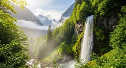 Majestic Waterfall Cascading Through Lush Green Forest Mountains on a Sunny Day