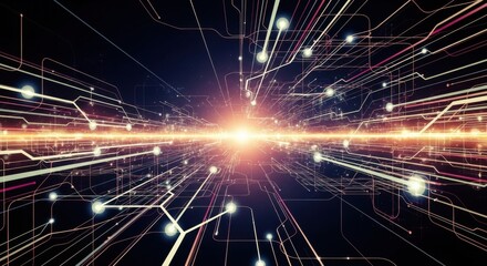 Abstract digital network connections and bright light symbolizing data flow and technological advancement