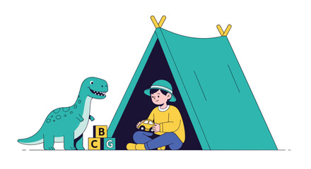 Obraz premium Happy boy playing with toy dinosaur and blocks inside tent