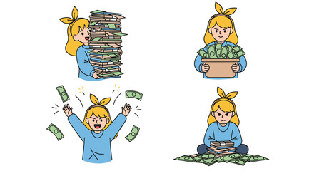 Obraz premium Happy girl enjoying a large amount of cash money celebrating financial success with banknotes