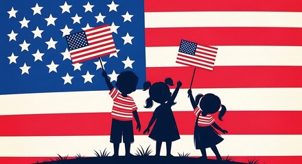 Silhouettes of american children with USA flag. Greeting card for 4th of july Independence Day.