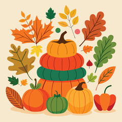 Naklejka premium Vector illustration of autumn pumpkins and fall leaves, perfect for Thanksgiving or Halloween designs
