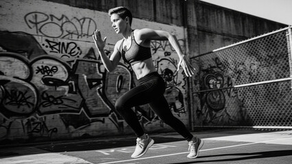 Woman running in an urban setting with graffiti png