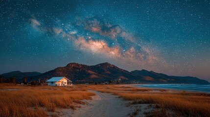 Milky Way Over Australian Grassy Dune Beach with Coastal Hut Silhouette, Ground-Level Ethereal Starry Night.
