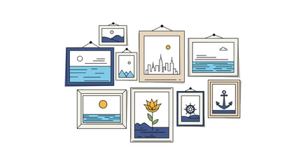 Collection of framed nautical art pieces displayed on a white background