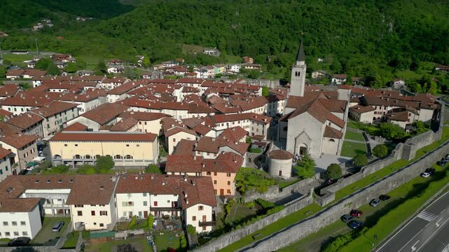 The ancient fortified village of Venzone seen from above