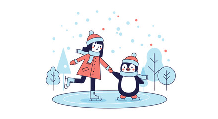 Happy girl and penguin enjoying winter ice skating adventure together outdoor