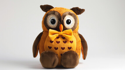 Lovable owl plush toy with a cute yellow bowtie and heart details, perfect for gifting.
