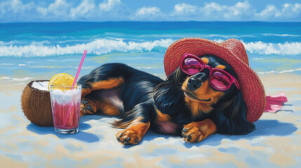 Dachshund dog summer vacation beach holiday with coconut drink and sunglasses relaxing on the sand art