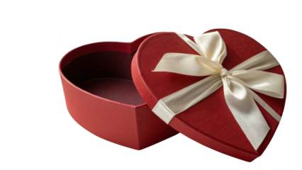 Elegant red heart shaped gift box with cream ribbon isolated on transparent background