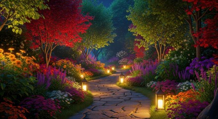 Enchanting Forest Pathway Illuminated by Warm Lanterns Amidst Vibrant Autumn Foliage and Lush Flowers