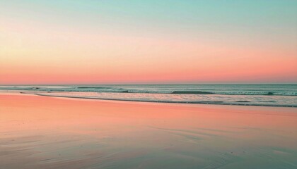 Obraz premium Flat minimalist beach scene at dusk, soft pastel colors of pale coral and muted mint, calm serene atmosphere, horizontal composition.