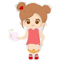 Vector illustration of a cartoon girl in a red dress, sitting on a toilet with a roll of toilet...