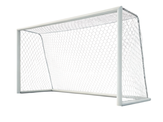 A white soccer goal with a net against a black background in a studio setting with soft lighting