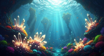 Enchanting Underwater Crystal Cave Filled with Vibrant Coral and Sunbeams