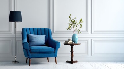 Cozy blue armchair in a white room