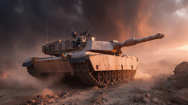 M1 Abrams main battle tank with desert camouflage on rugged terrain, symbol of military strength, armored vehicle, defense technology, and combat power.