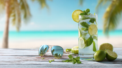 Summer mojito cocktail drink on beach with sunglasses refreshing tropical vacation relaxation hundred