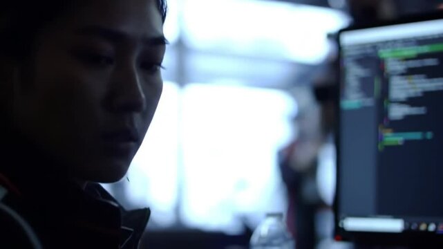 Focused developer coding software on computer screen in dark atmosphere room