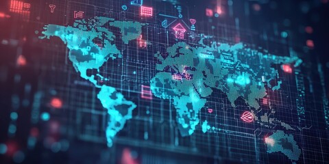 Obraz premium Economy exchange world concept. Digital world map with futuristic data and technology elements in vibrant colors.