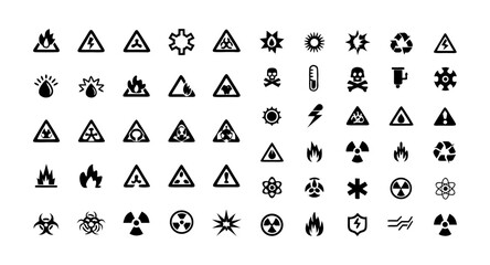 Industrial Safety Label Glyph Icon Set – Black Silhouette Vector Pictograms of High Voltage, Flammable, Explosive, Toxic, Corrosive, Radioactive, Laser Hazard, and Magnetic Warnings

